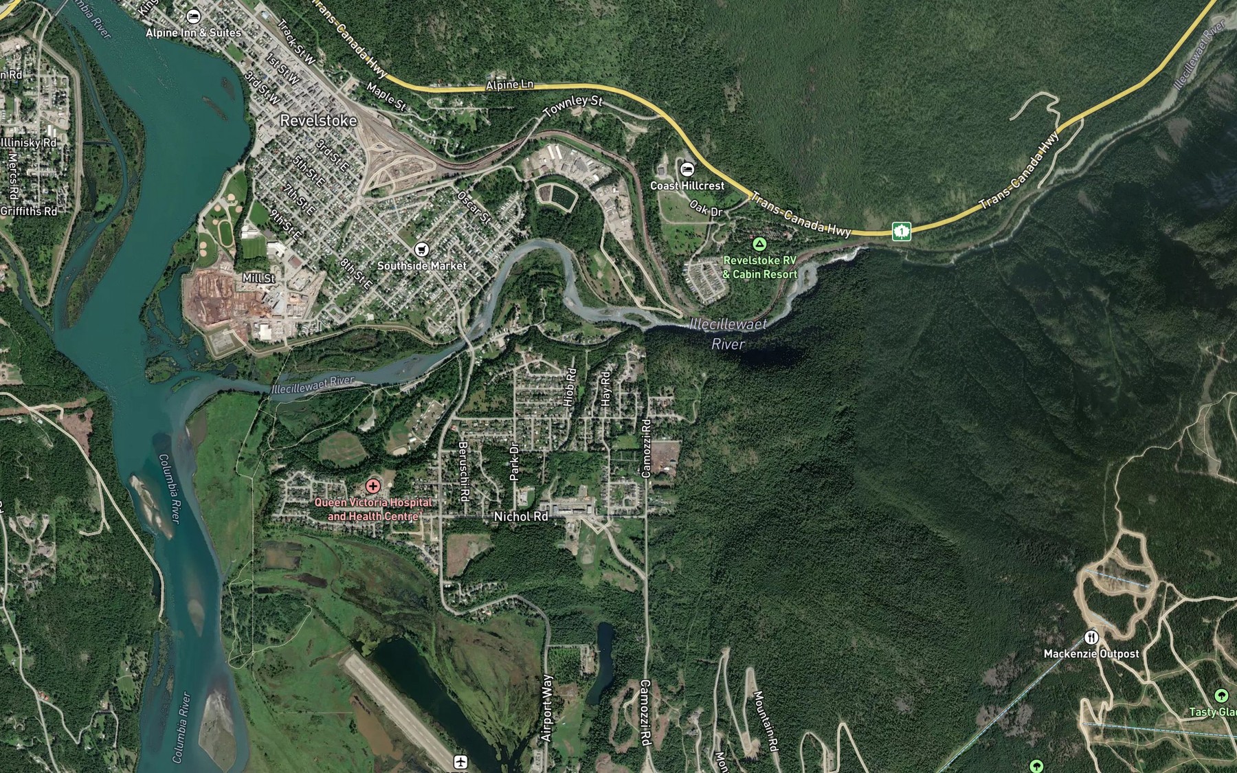 Satellite map of the Illecillewaet River