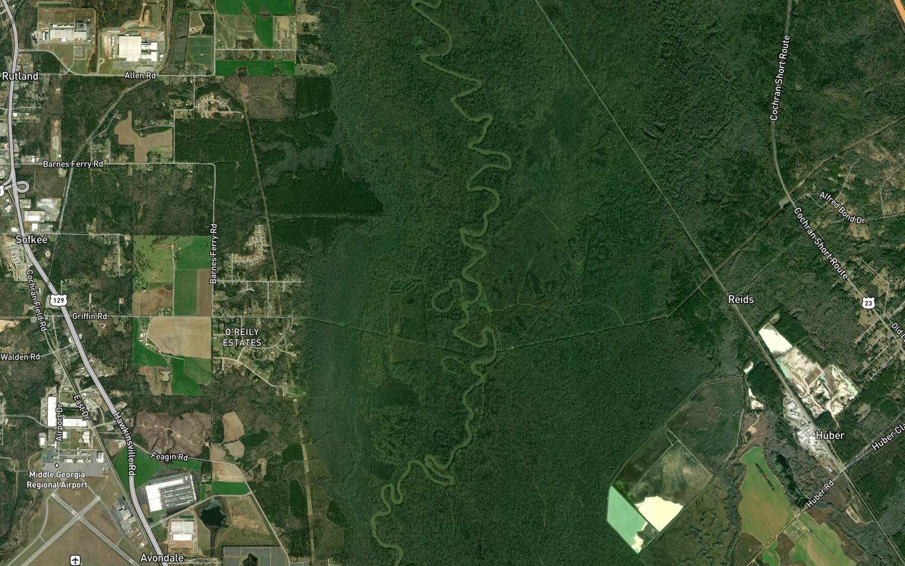 Satellite map of the Tobesofkee Creek
