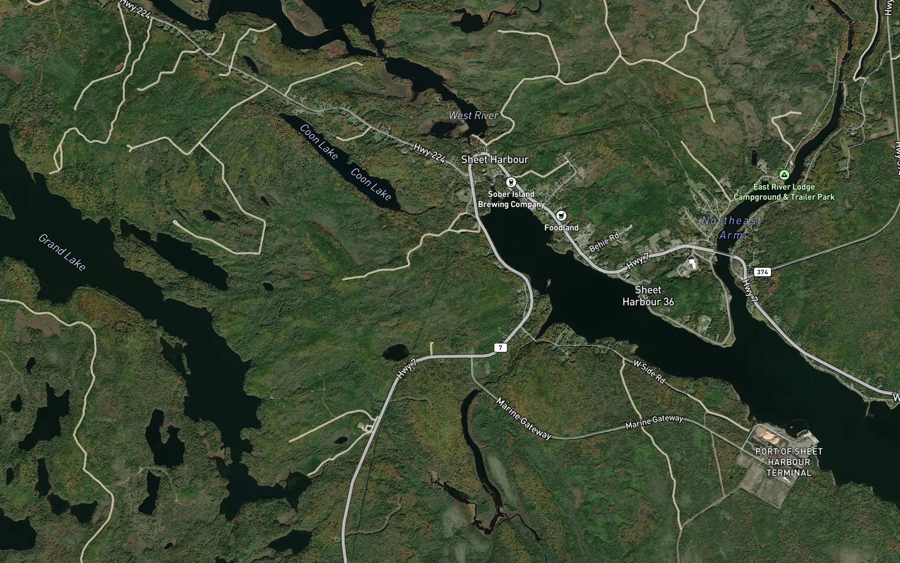 Satellite map of the West River Sheet Harbour