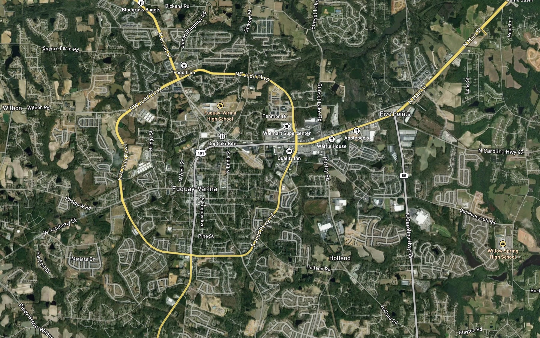 Satellite map of the Parkers Pond