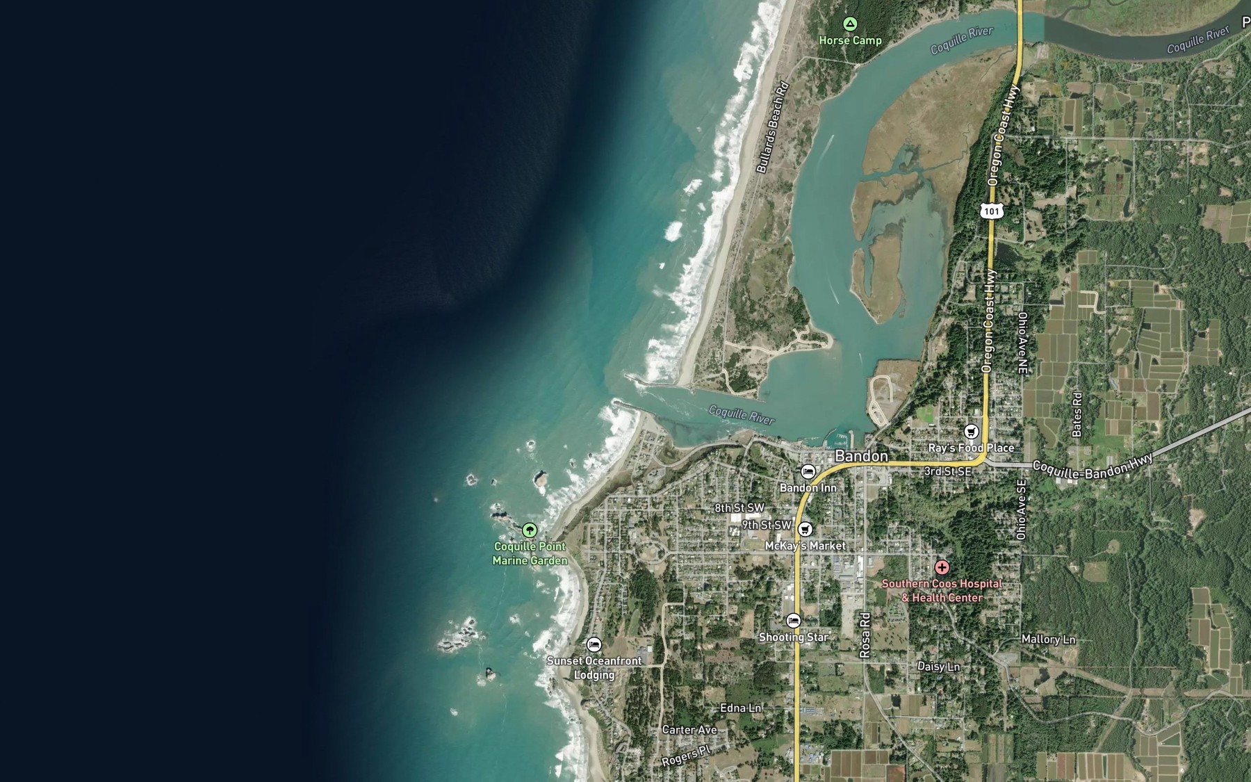Satellite map of the Coquille River