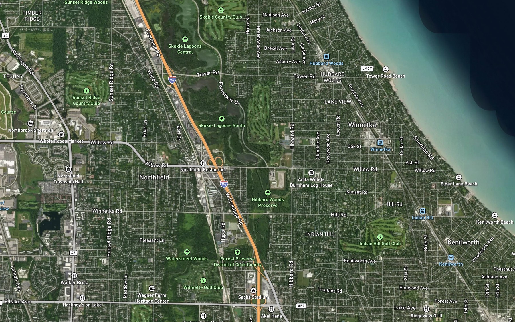 Satellite map of the Dam on Skokie River