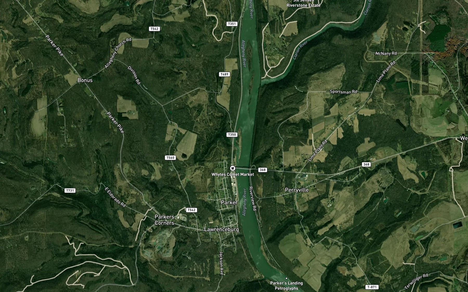 Satellite map of the Thoms Run