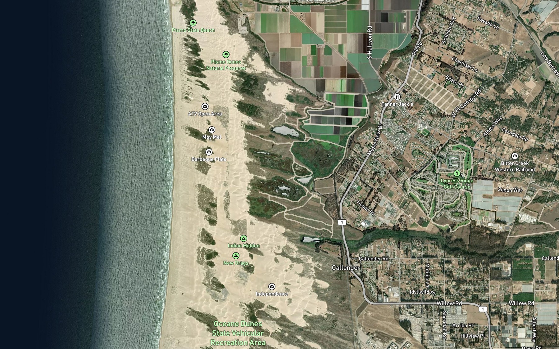 Satellite map of the Dune Lakes