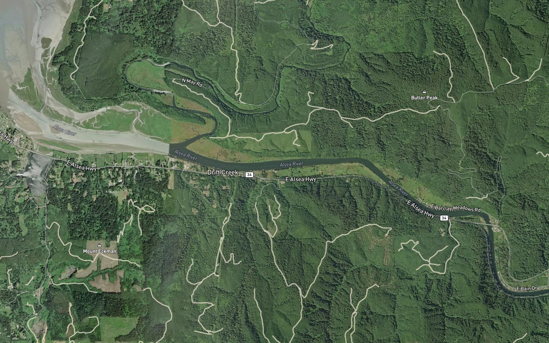 Satellite map of the Little Southworth Creek
