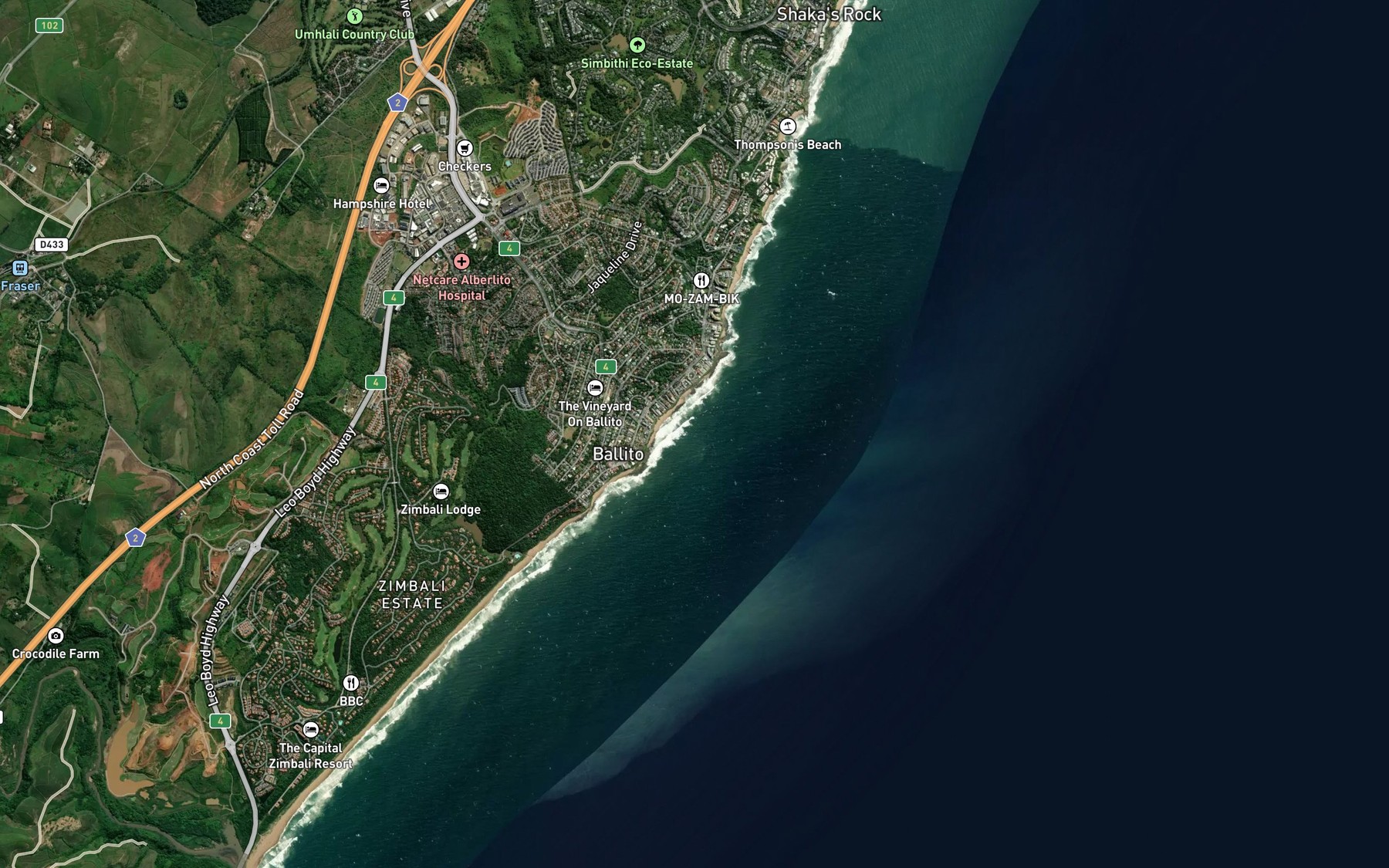 Satellite map of the Ballito Bay