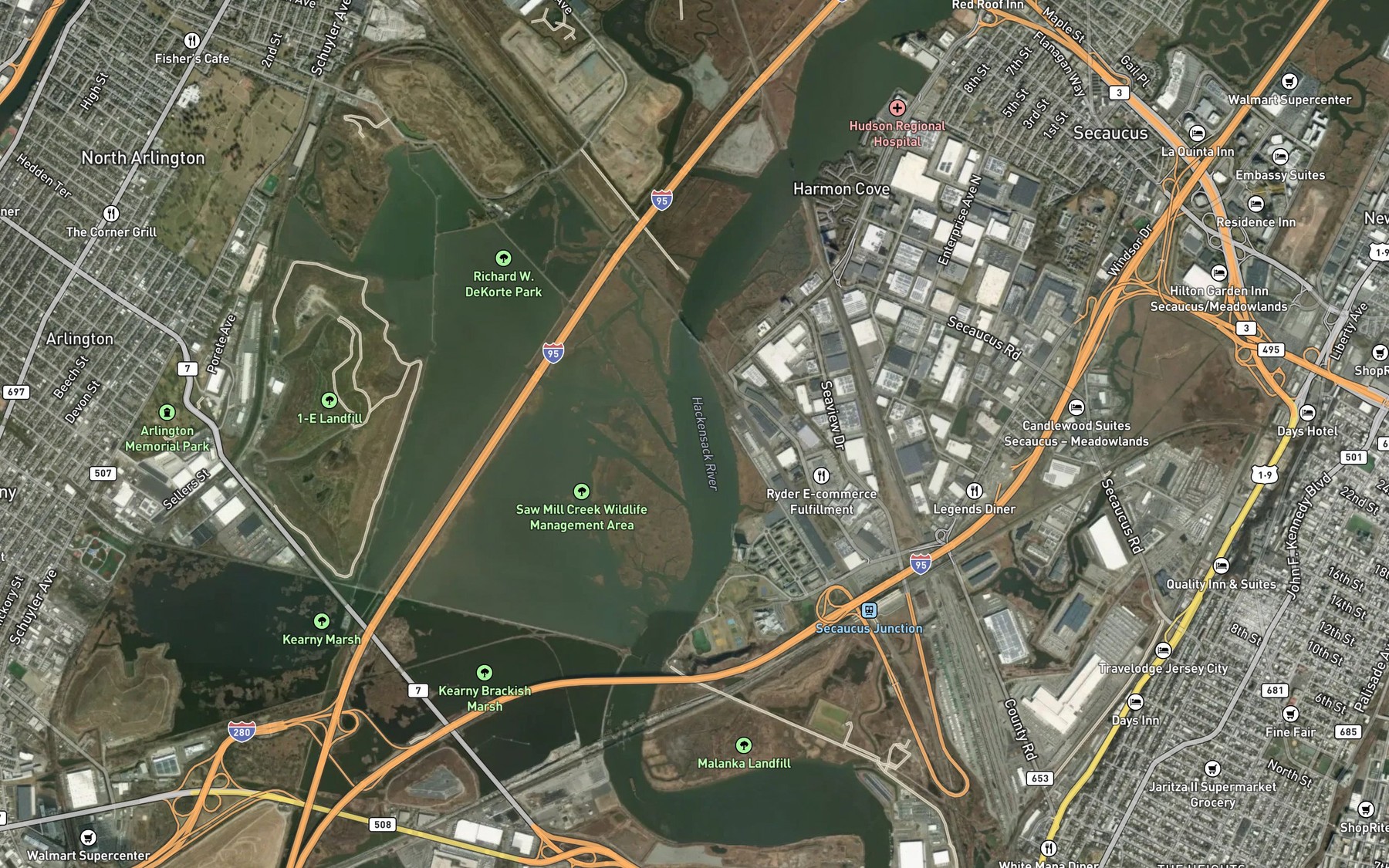 Satellite map of the Hackensack River