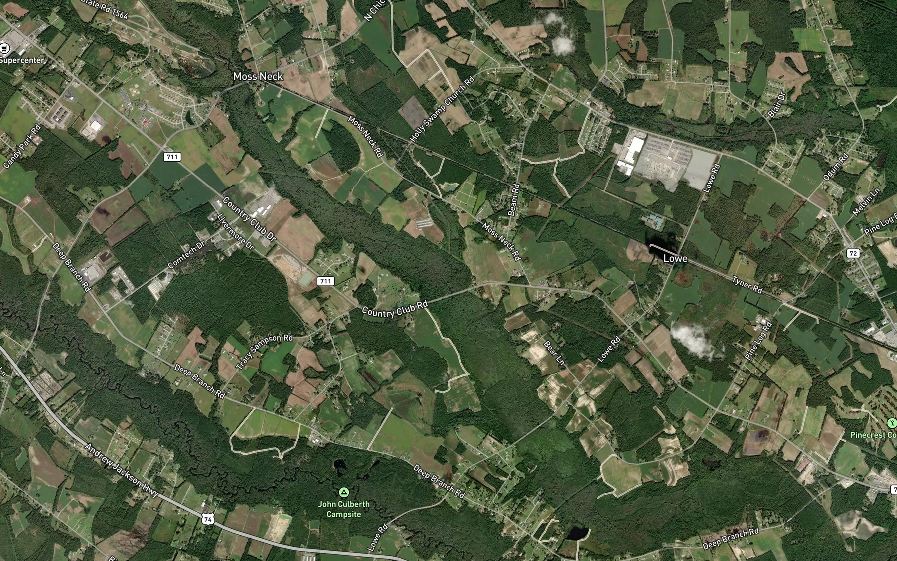 Satellite map of the Moss Neck Swamp