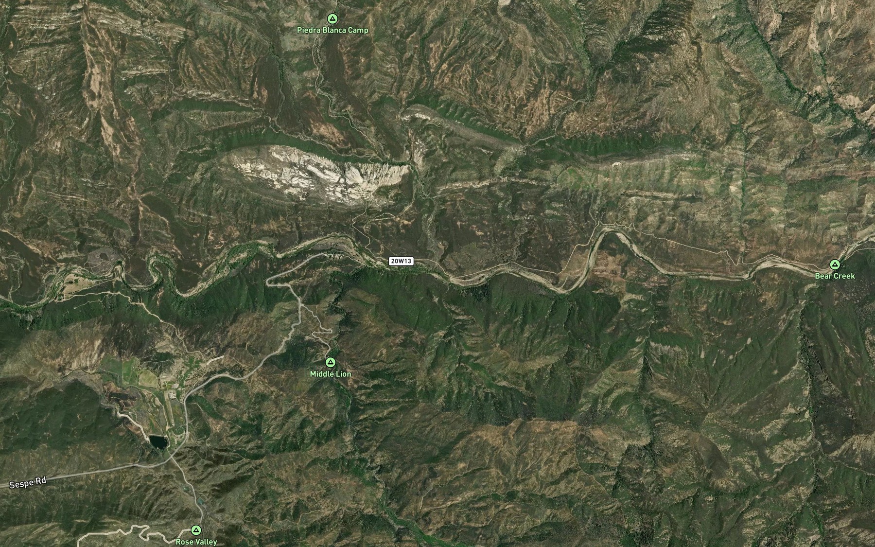 Satellite map of the Piedra Blanca Creek
