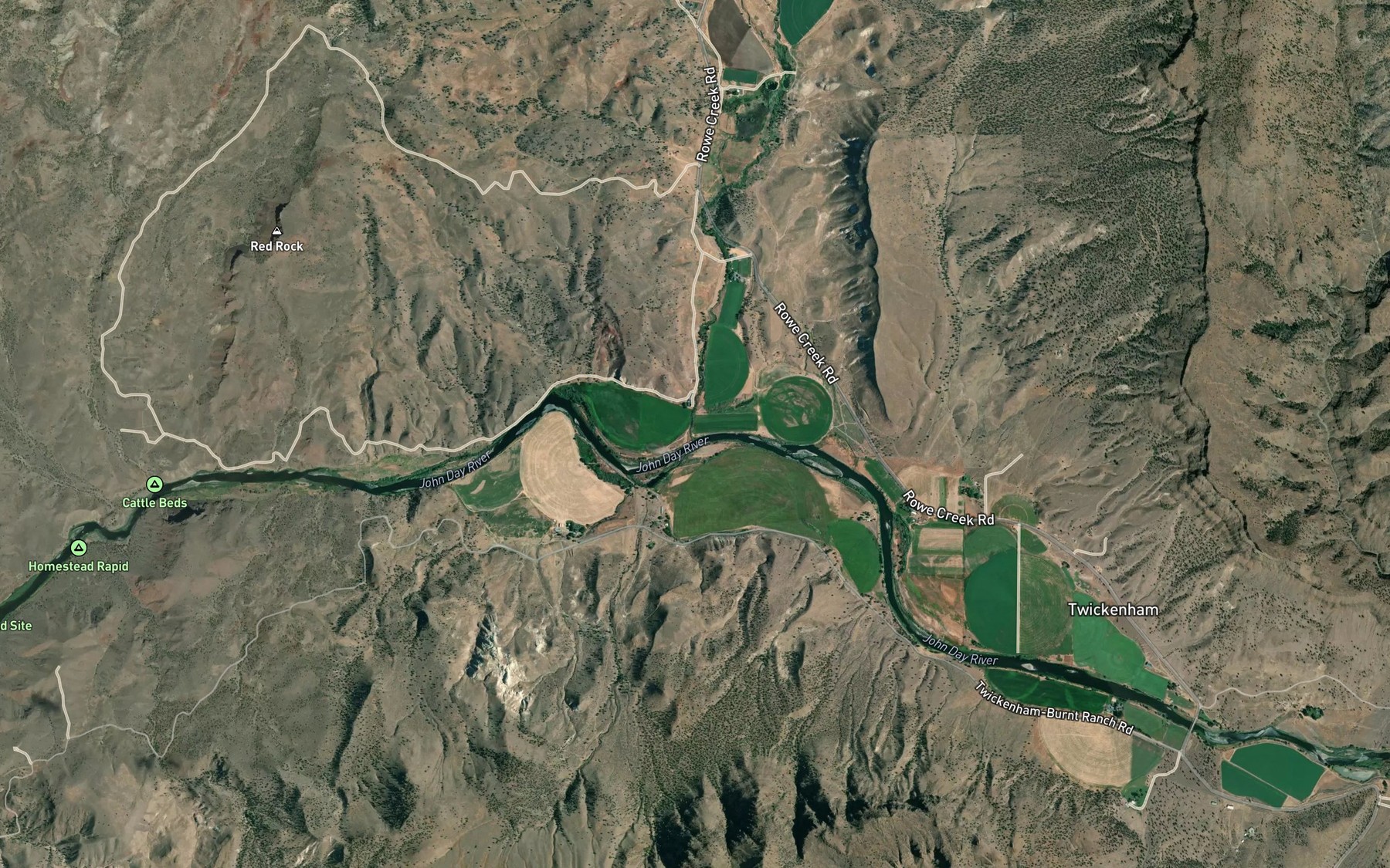 Satellite map of the Rowe Creek
