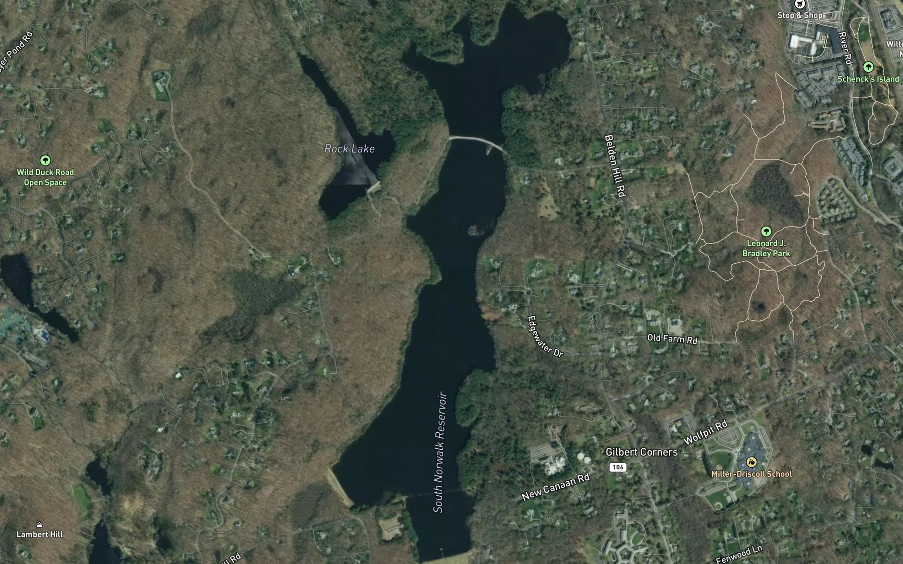 Satellite map of the South Norwalk Reservoir
