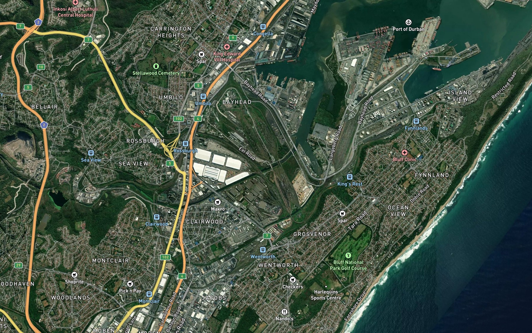 Satellite map of the Umbilo Canal