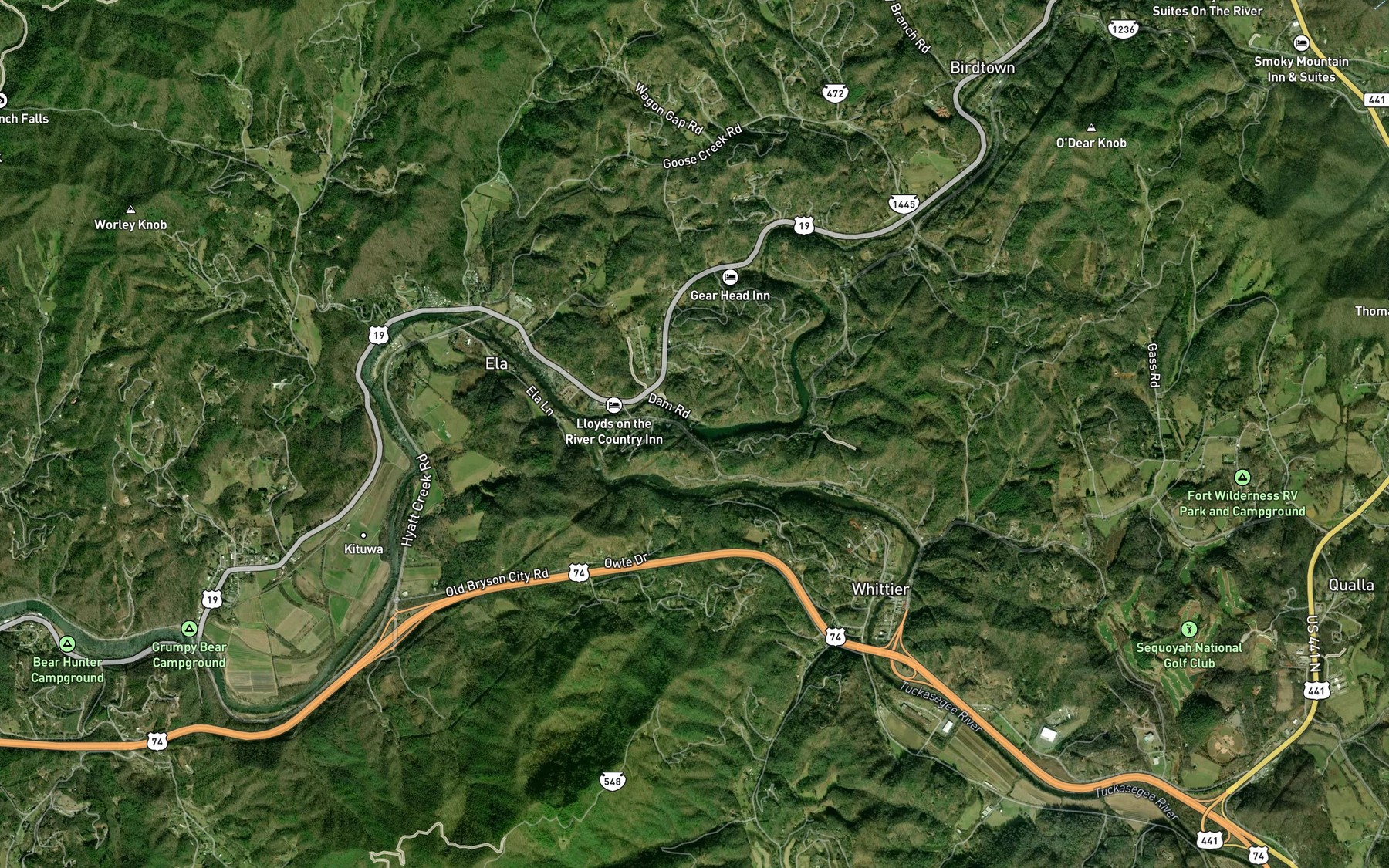 Satellite map of the Oconaluftee Lake