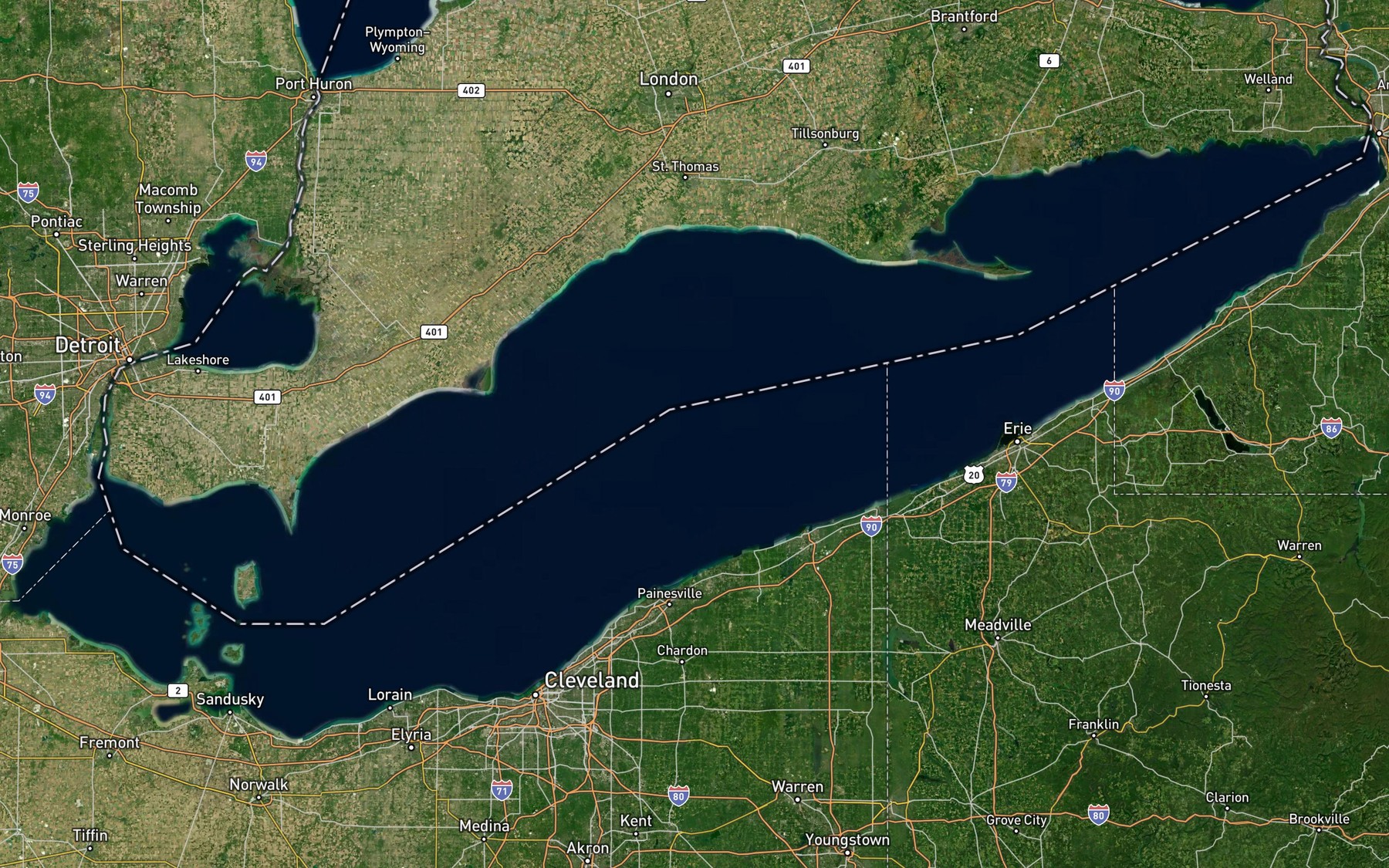Satellite map of the Lake Erie
