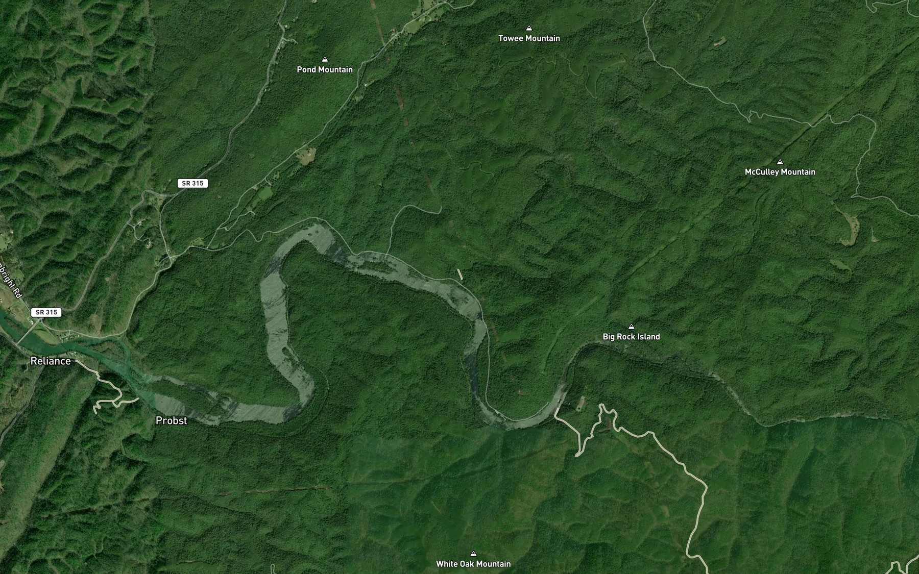 Satellite map of the Towee Creek