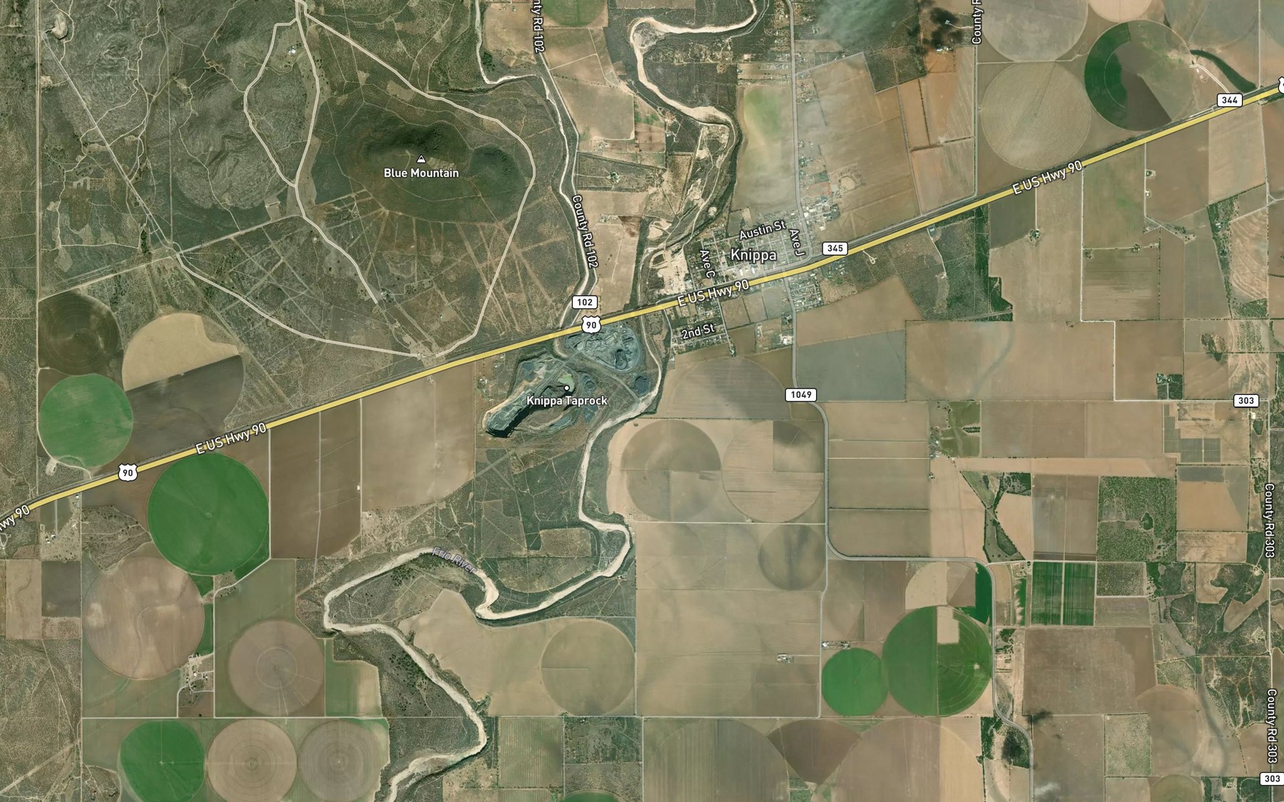 Satellite map of the Dry Frio River