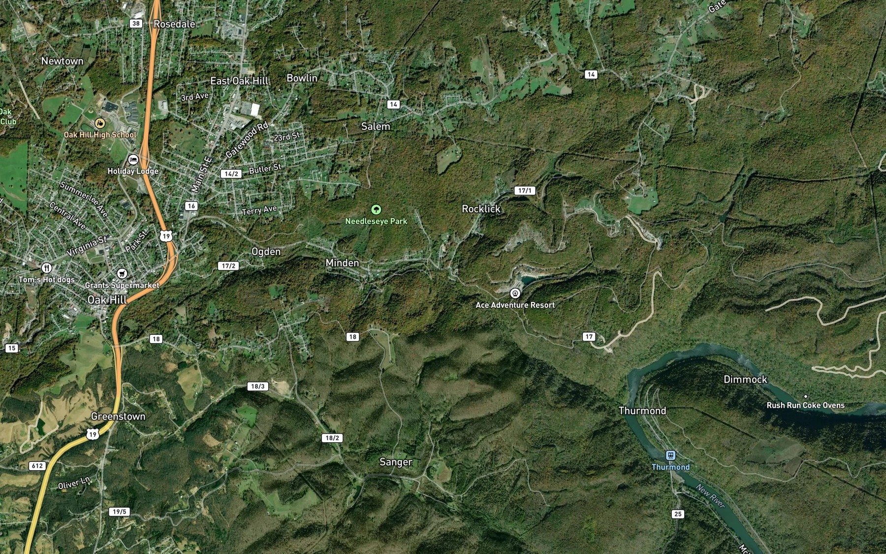 Satellite map of the Rocklick Creek