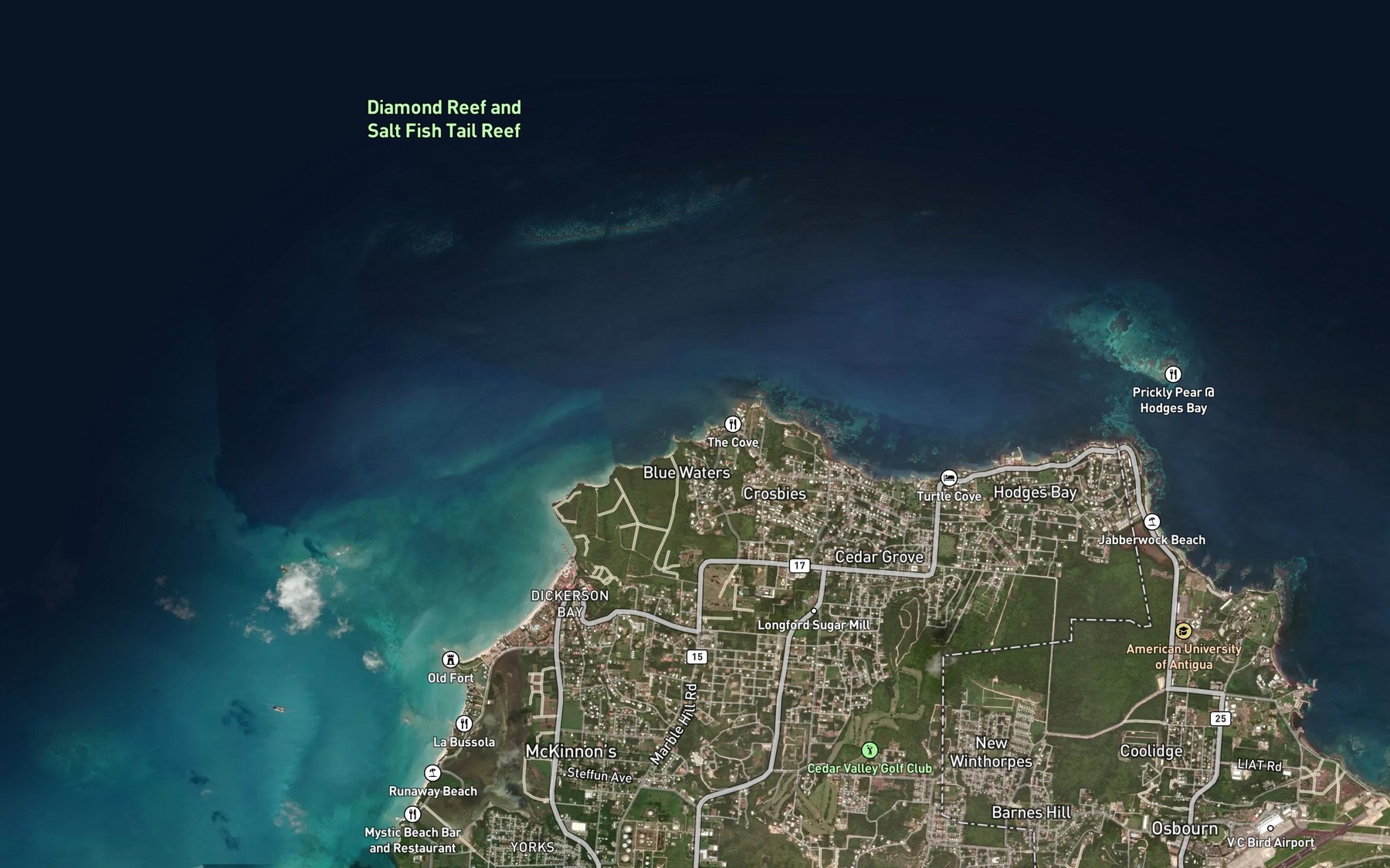 Satellite map of the Blue Waters Bay