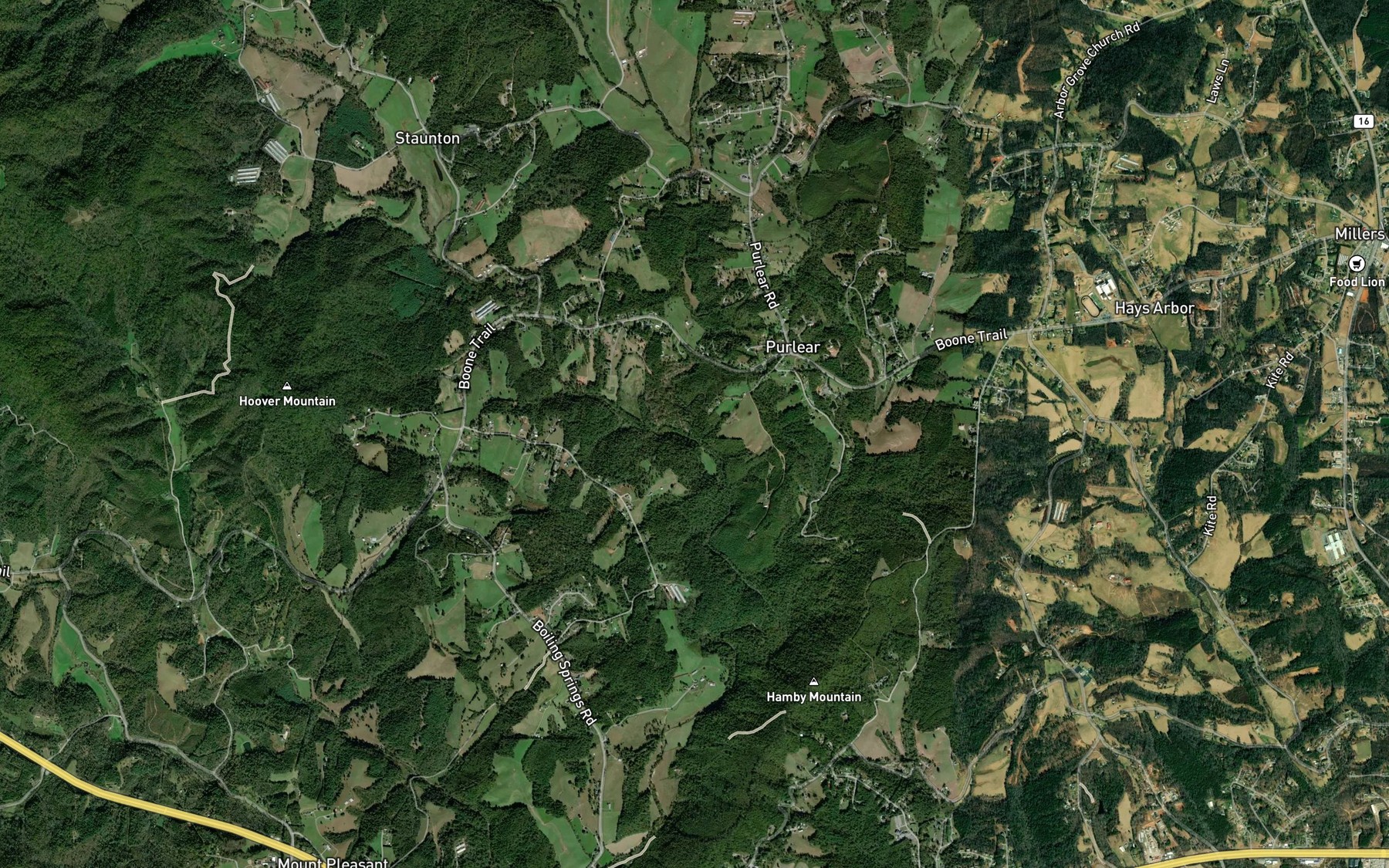 Satellite map of the Purlear Creek