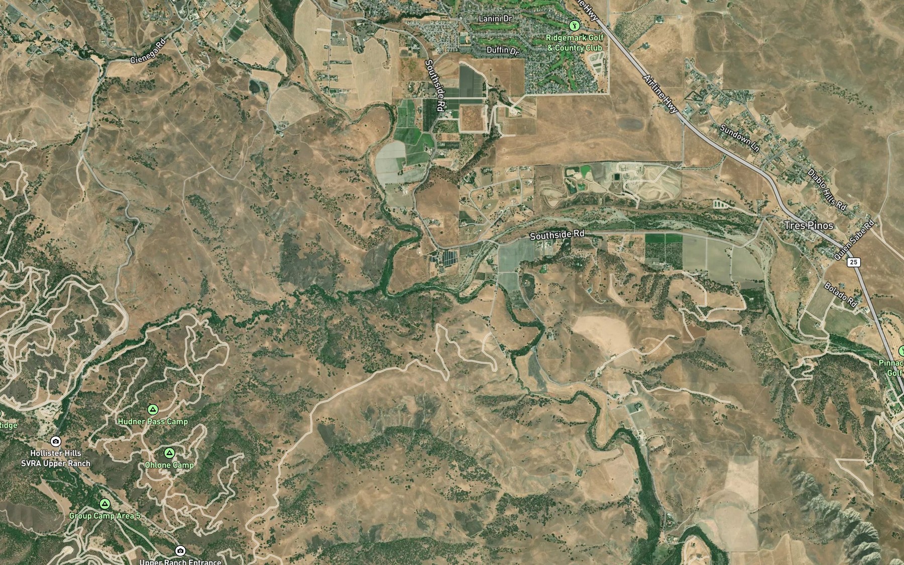 Satellite map of the Tres Pinos Creek