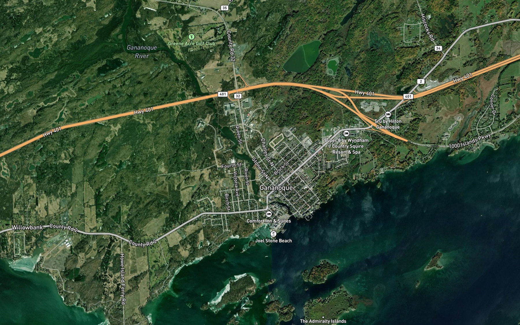 Satellite map of the Gananoque River
