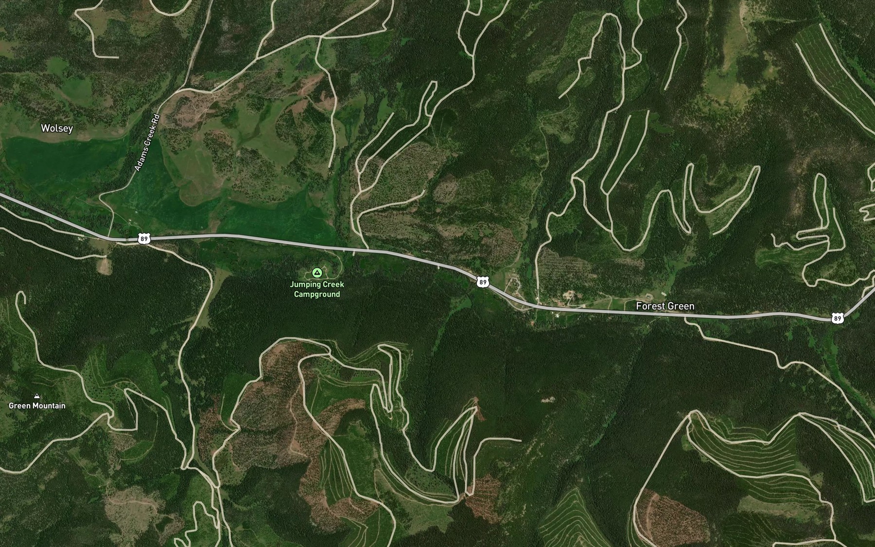 Satellite map of the Three Cabins Creek