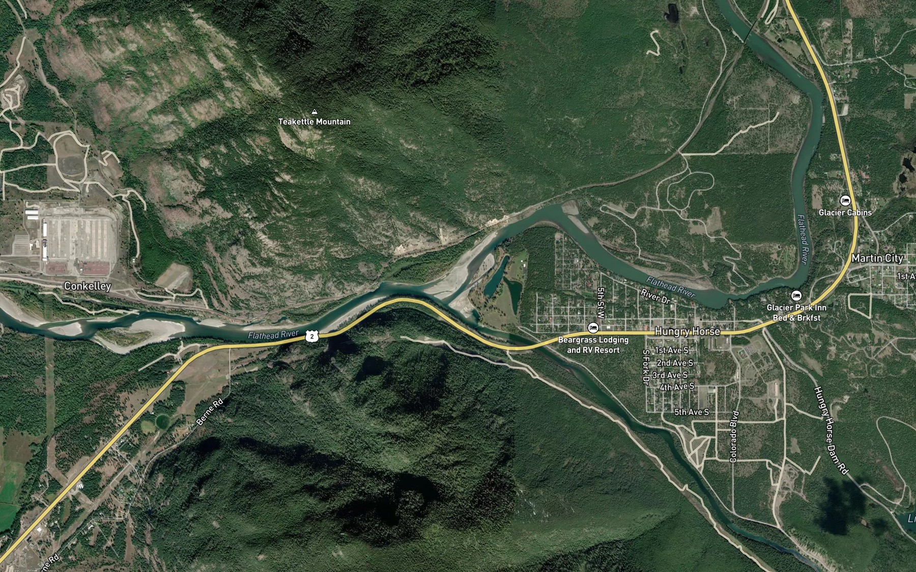 Satellite map of the South Fork Flathead River