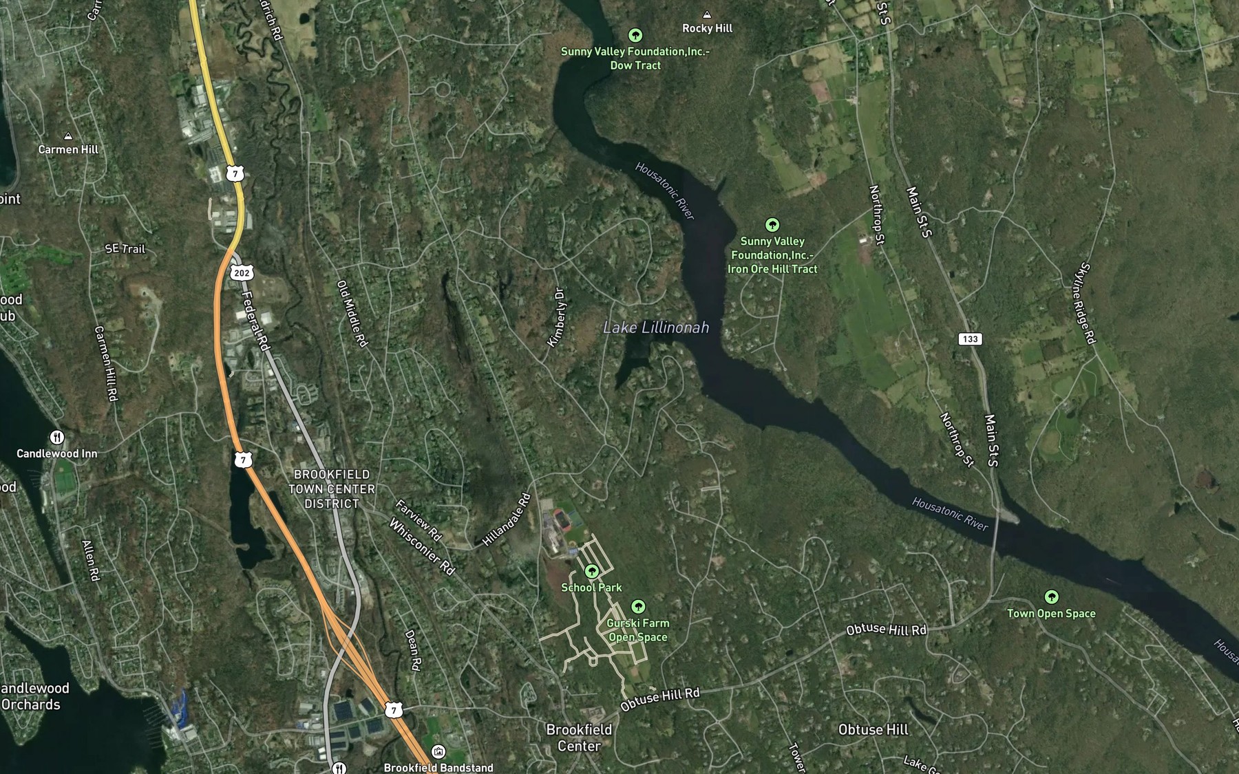 Satellite map of the Hop Brook