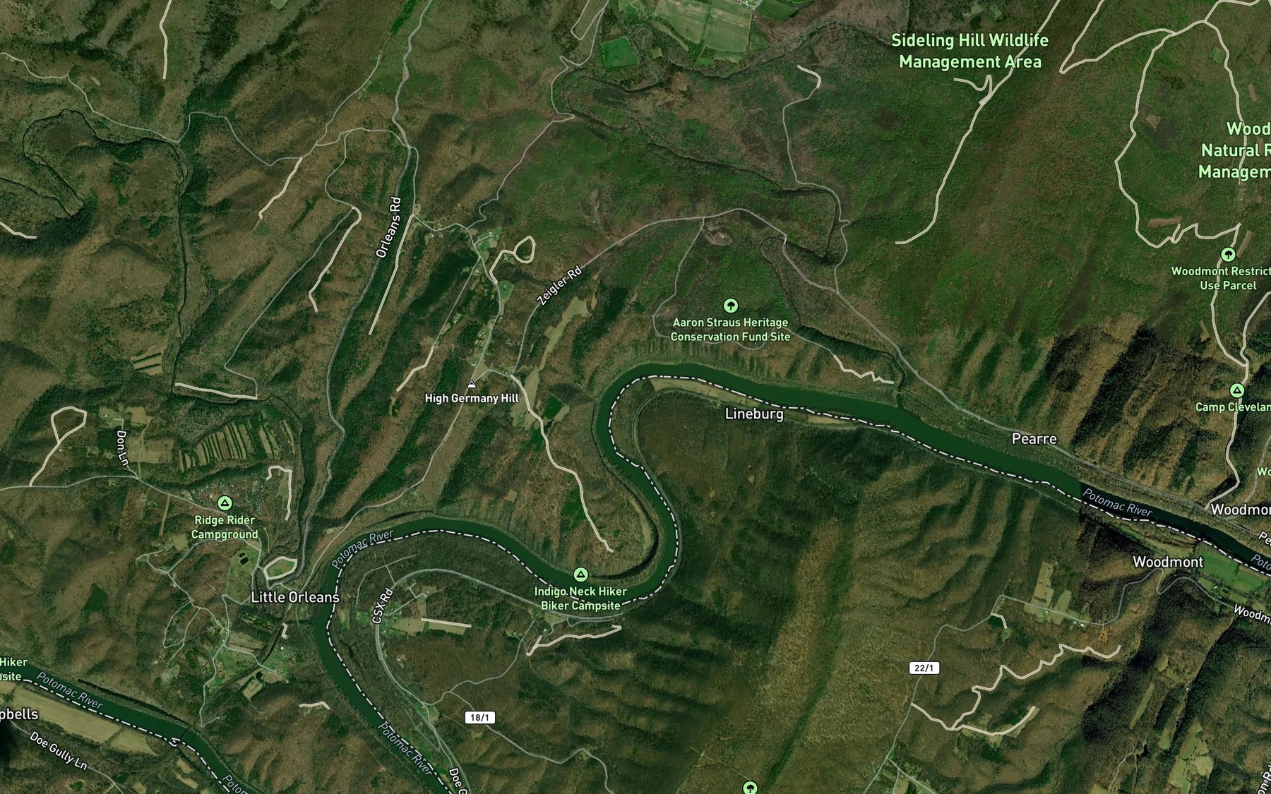Satellite map of the Turkey Foot Bend