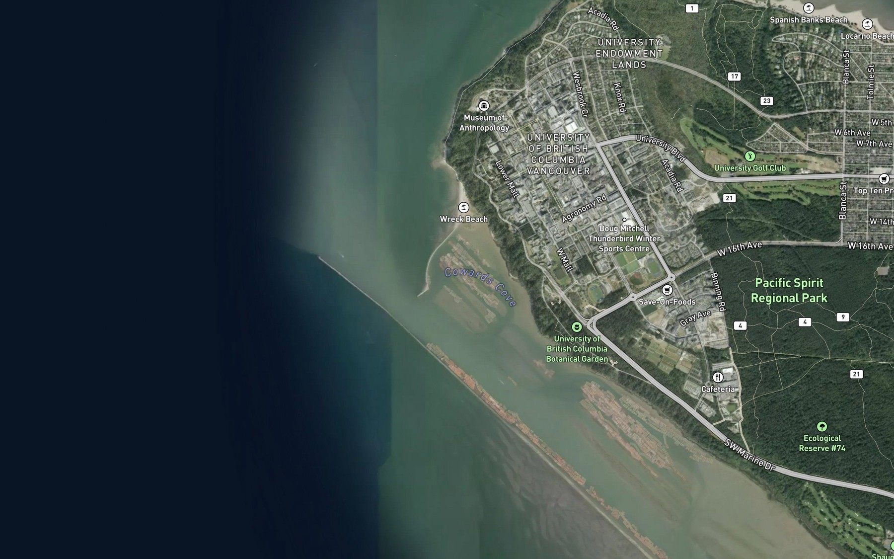 Satellite map of the Cowards Cove