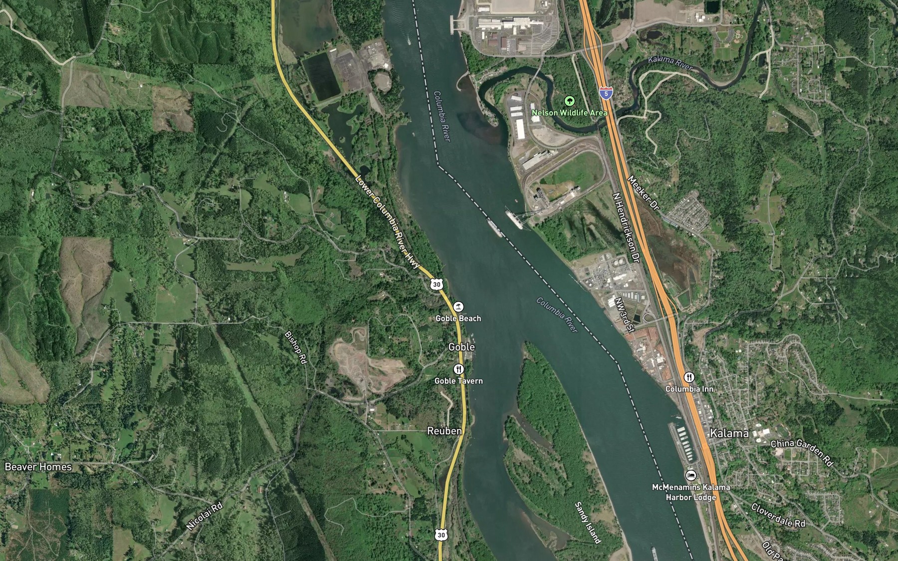 Satellite map of the Goble Creek