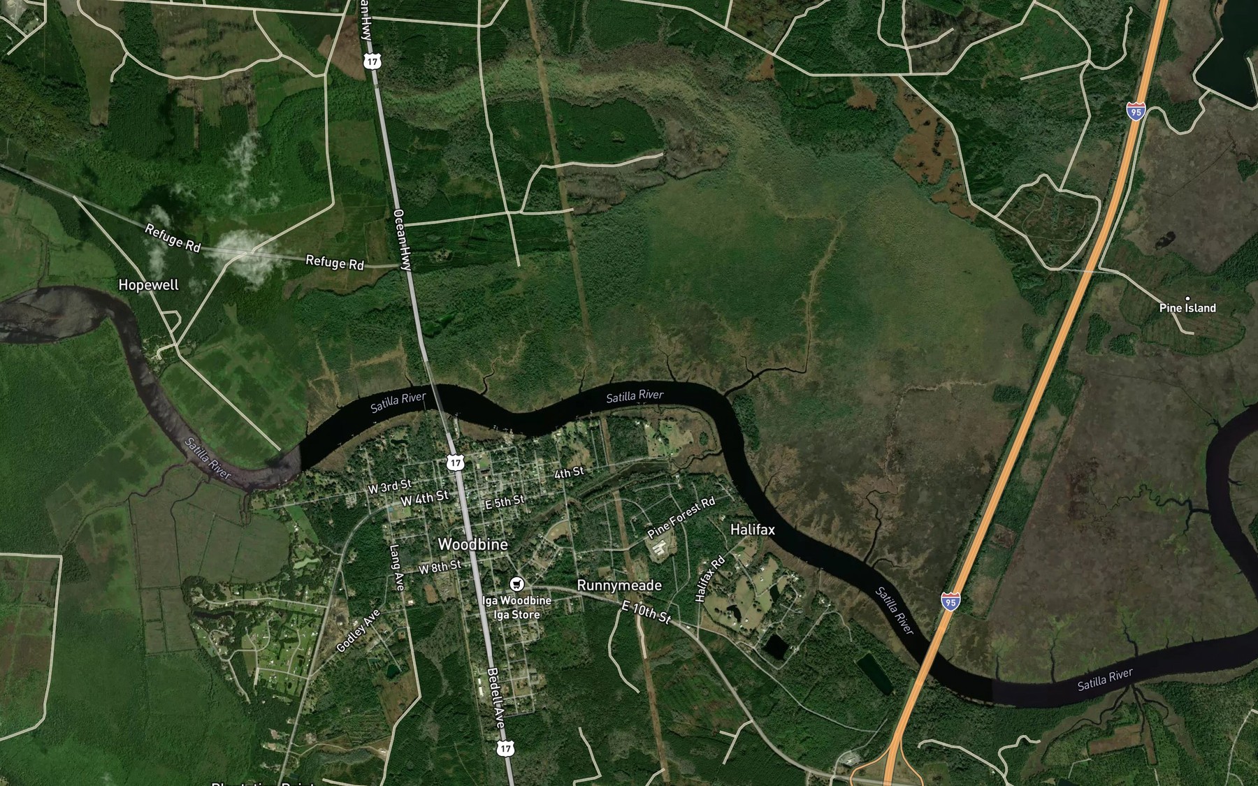 Satellite map of the Satilla River