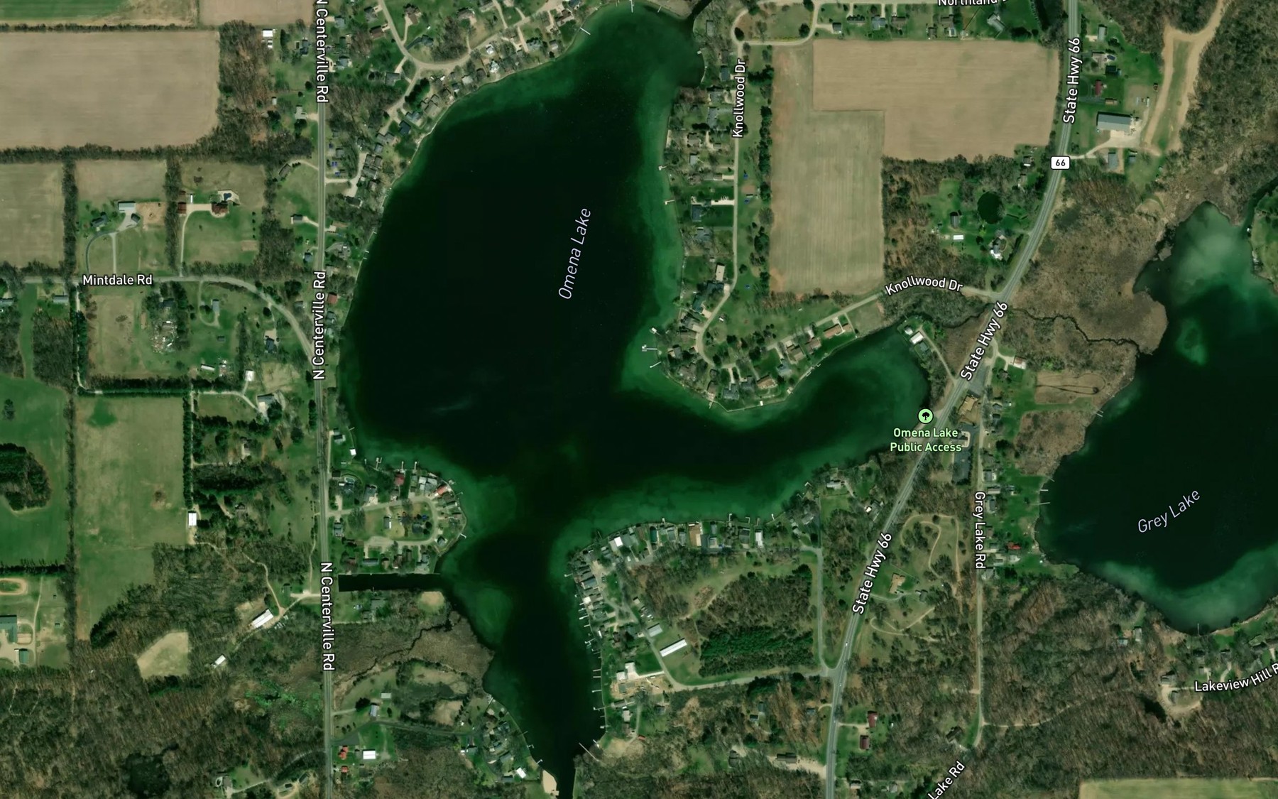 Satellite map of the Omena Lake
