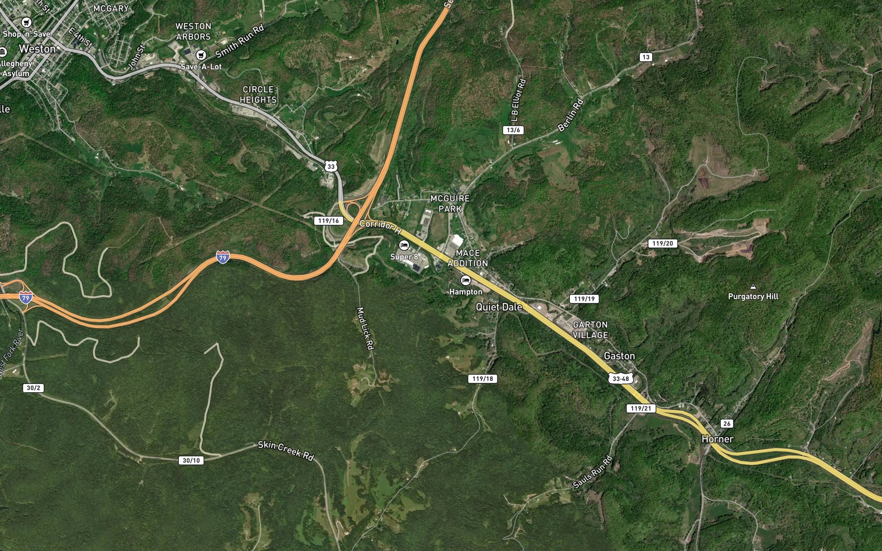 Satellite map of the Hilly Upland Run