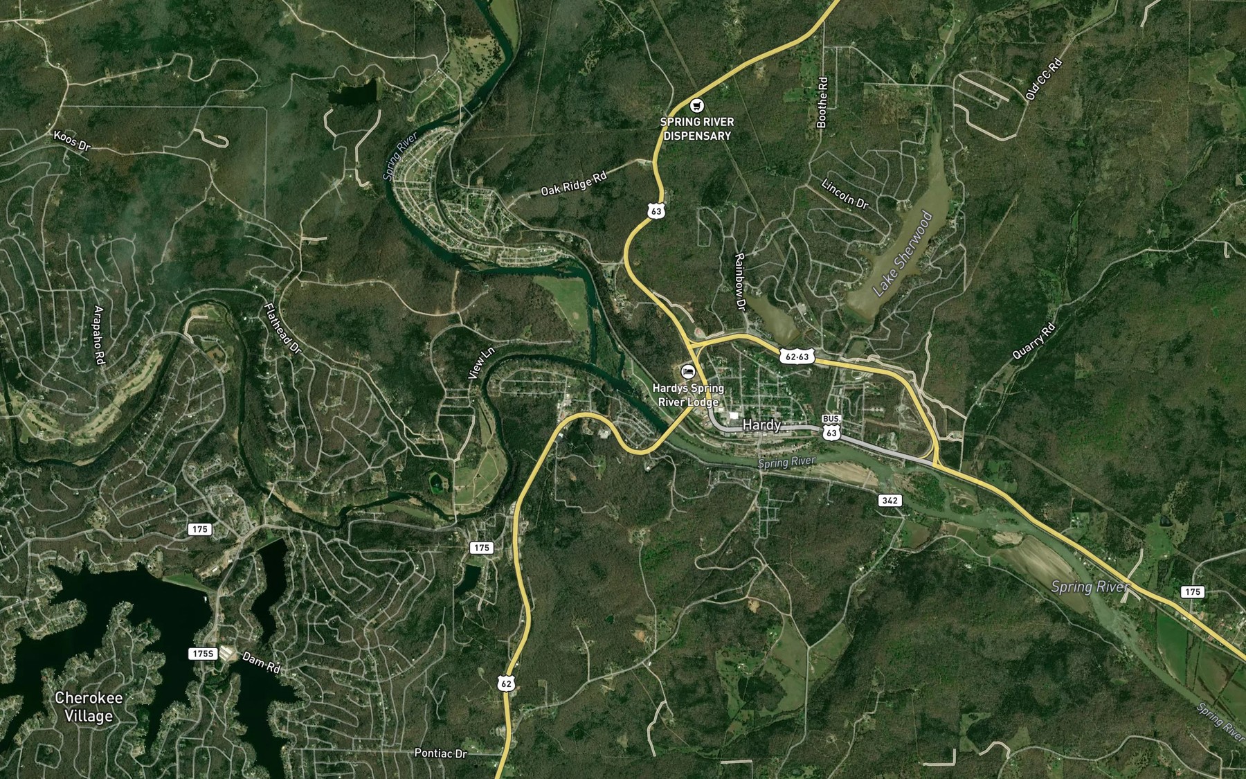 Satellite map of the South Fork Spring River