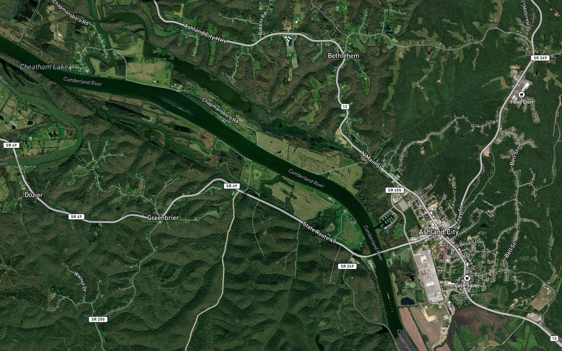 Satellite map of the Big Bluff Creek
