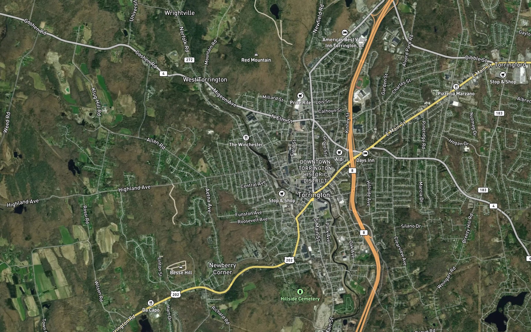 Satellite map of the Church Street Reservoir