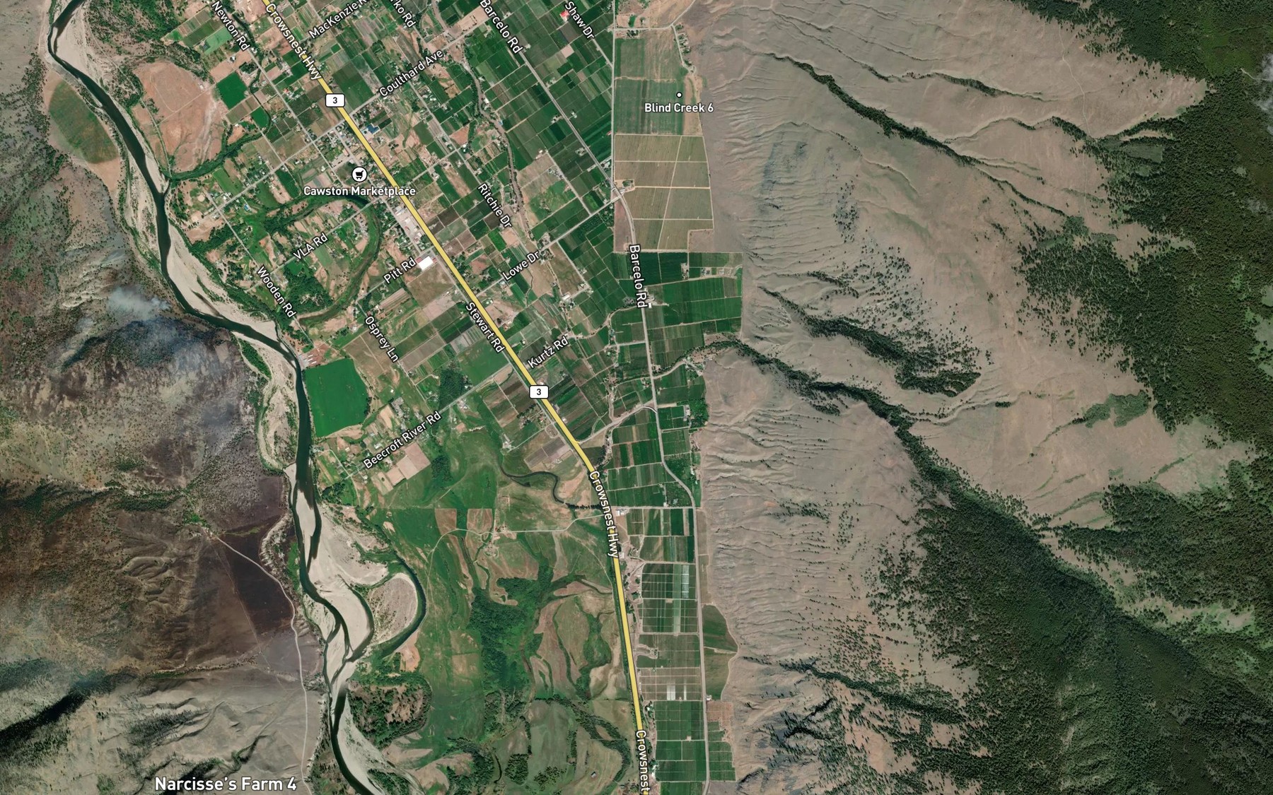 Satellite map of the Cawston Creek