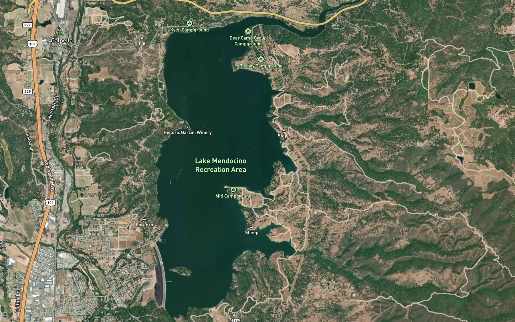 Satellite map of the Lake Mendocino