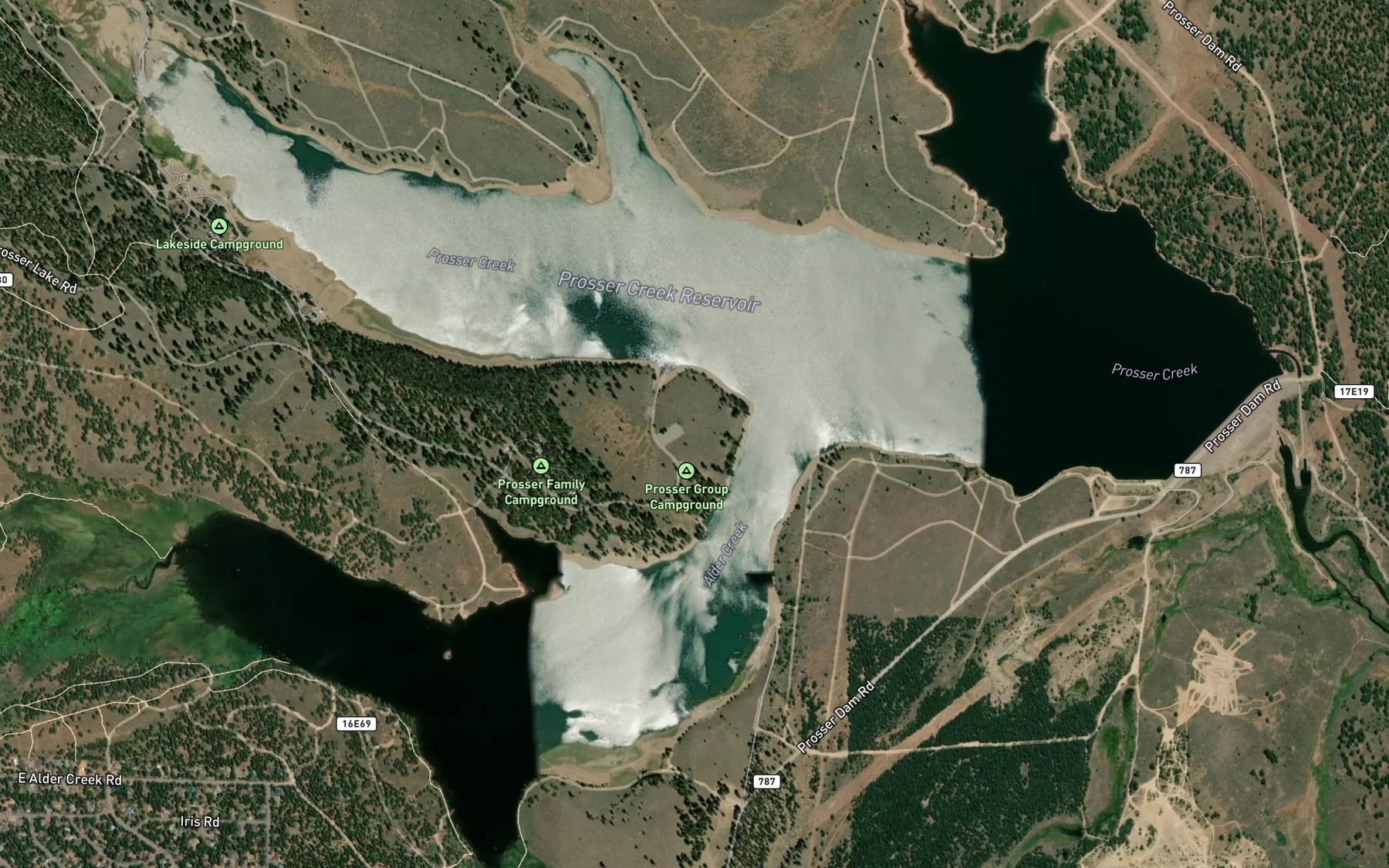 Satellite map of the Prosser Creek Reservoir