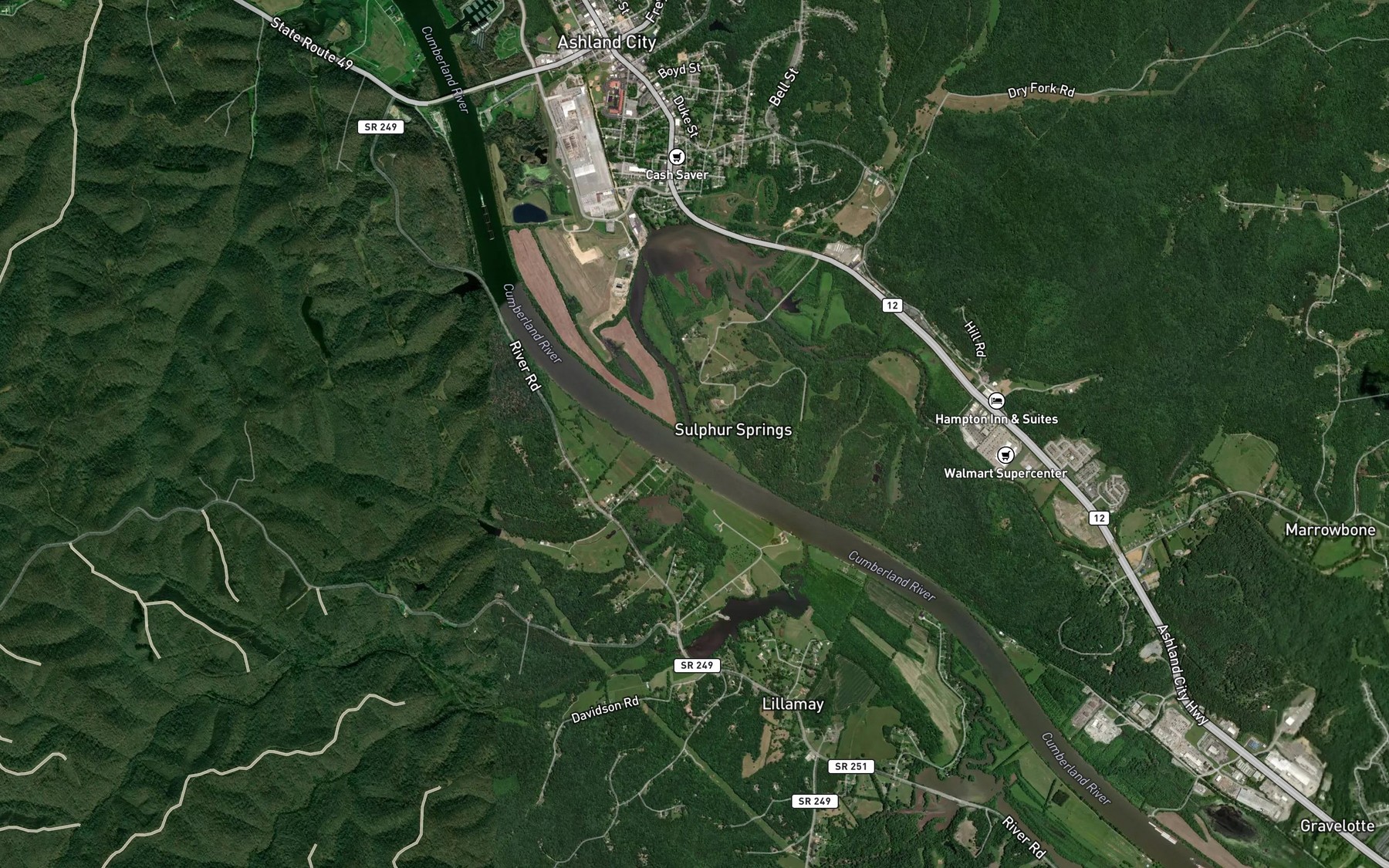 Satellite map of the Marrowbone Creek