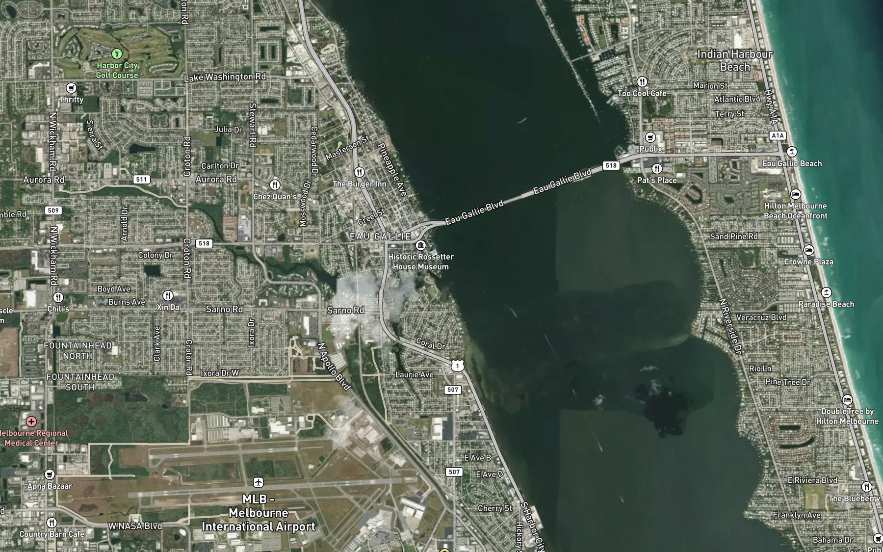 Satellite map of the Eau Gallie River