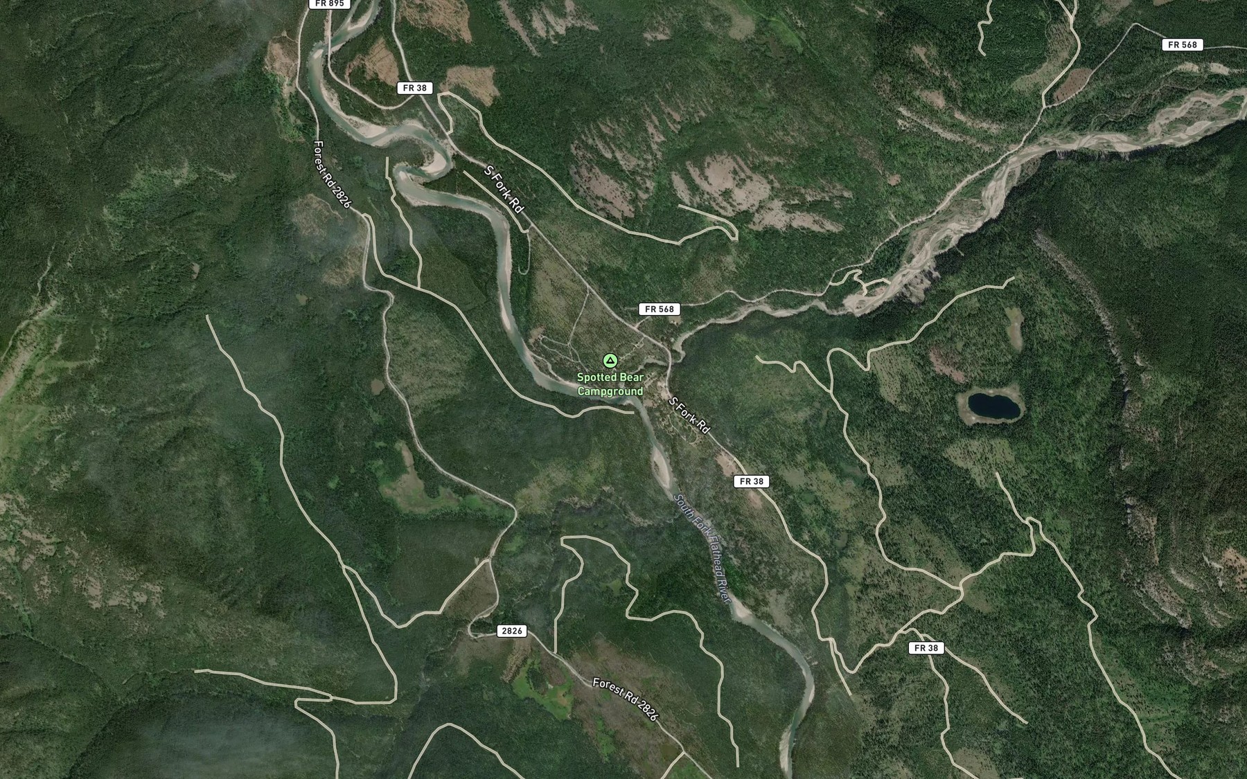 Satellite map of the Spotted Bear River
