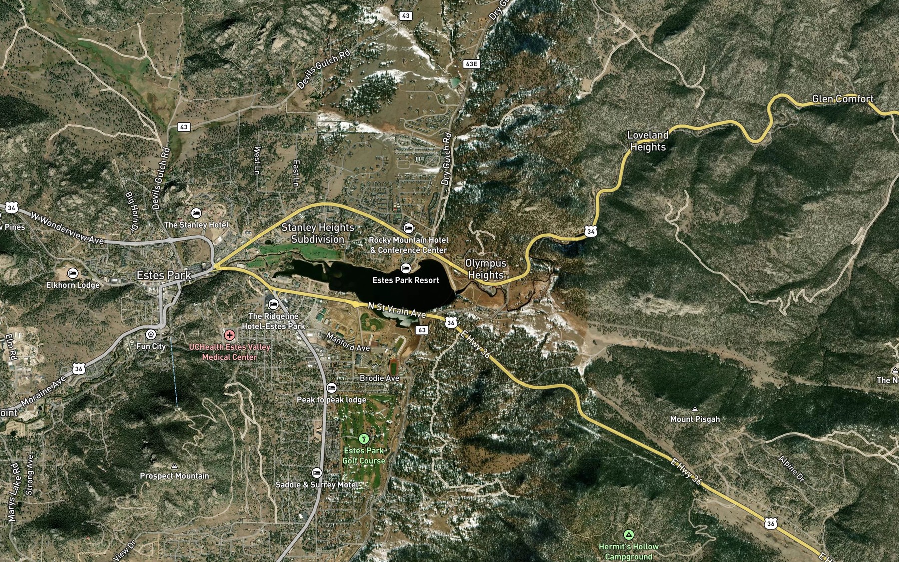 Satellite map of the Lake Estes