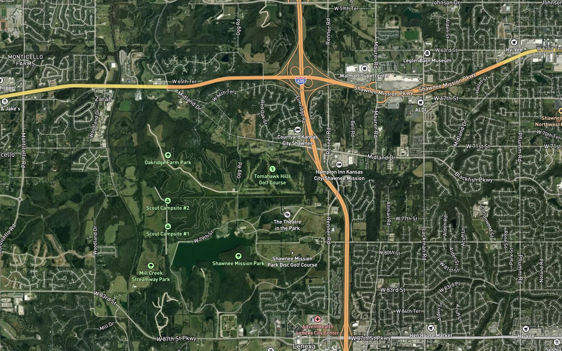 Satellite map of the Shawnee Mission Park Pond