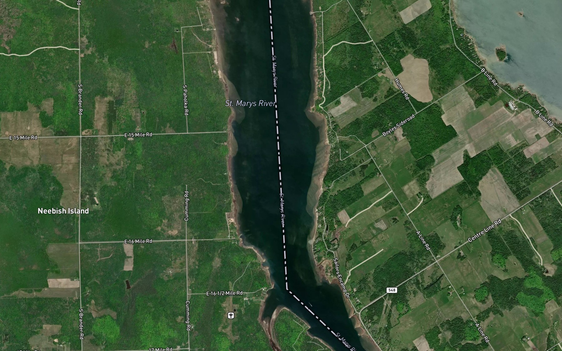 Satellite map of the Munuscong Channel