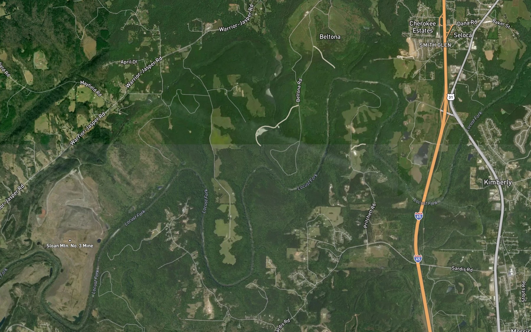 Satellite map of the Thomas Creek