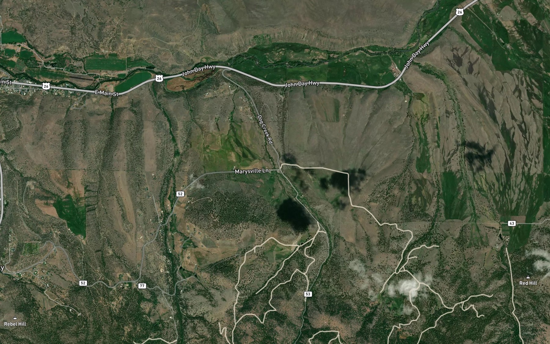 Satellite map of the Little Dog Creek