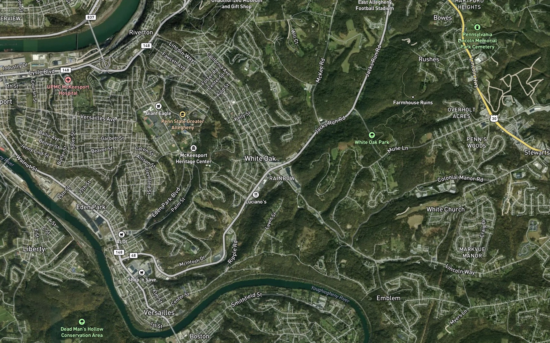 Satellite map of the Jacks Run
