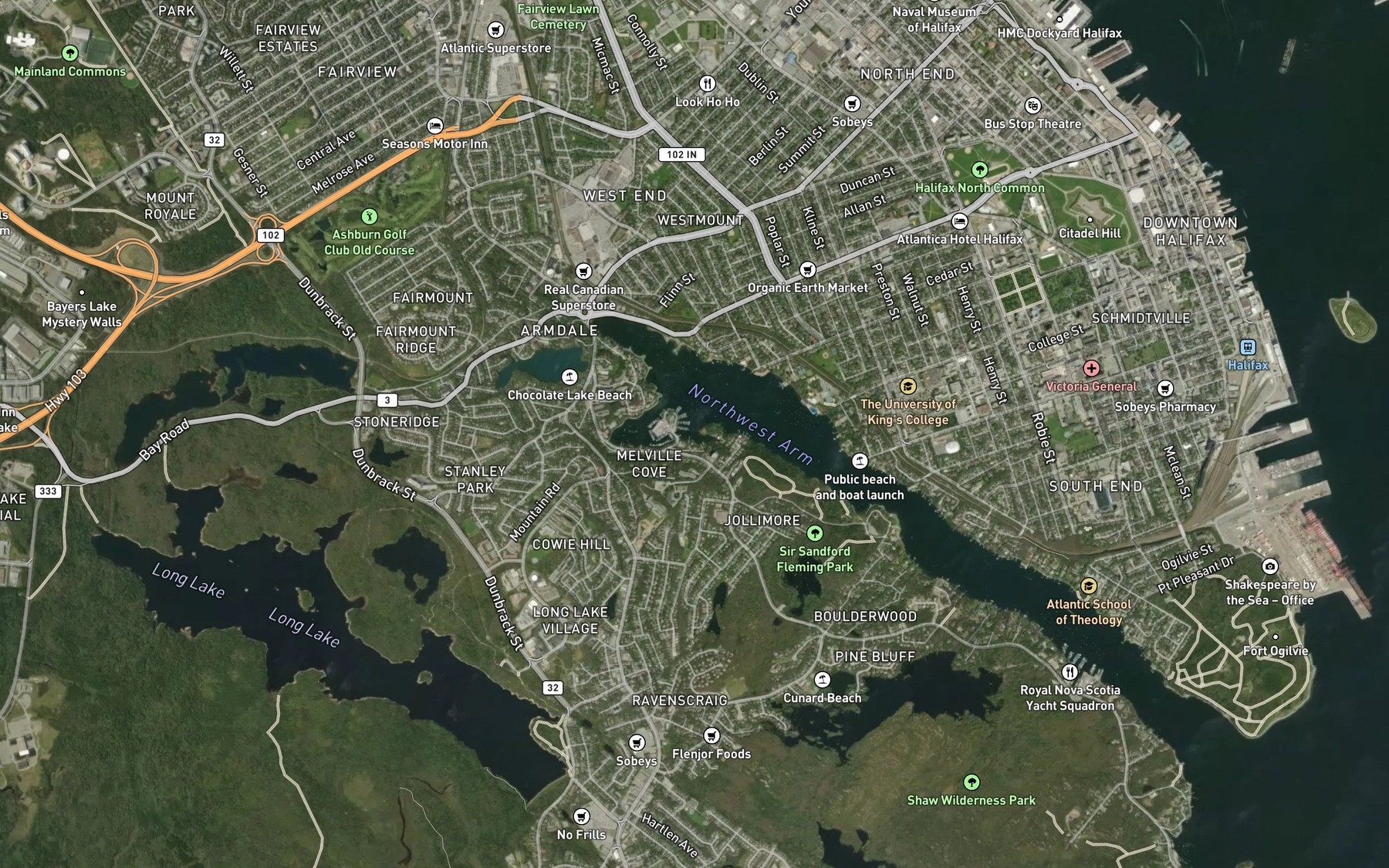 Satellite map of the Deadmans Cove